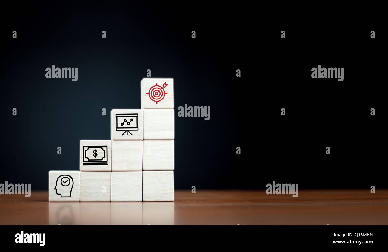 Goal board results printed on wooden cube blocks on ideas and funds icons, business information. To be creative and set up ideas, goals, business obje Stock Photo