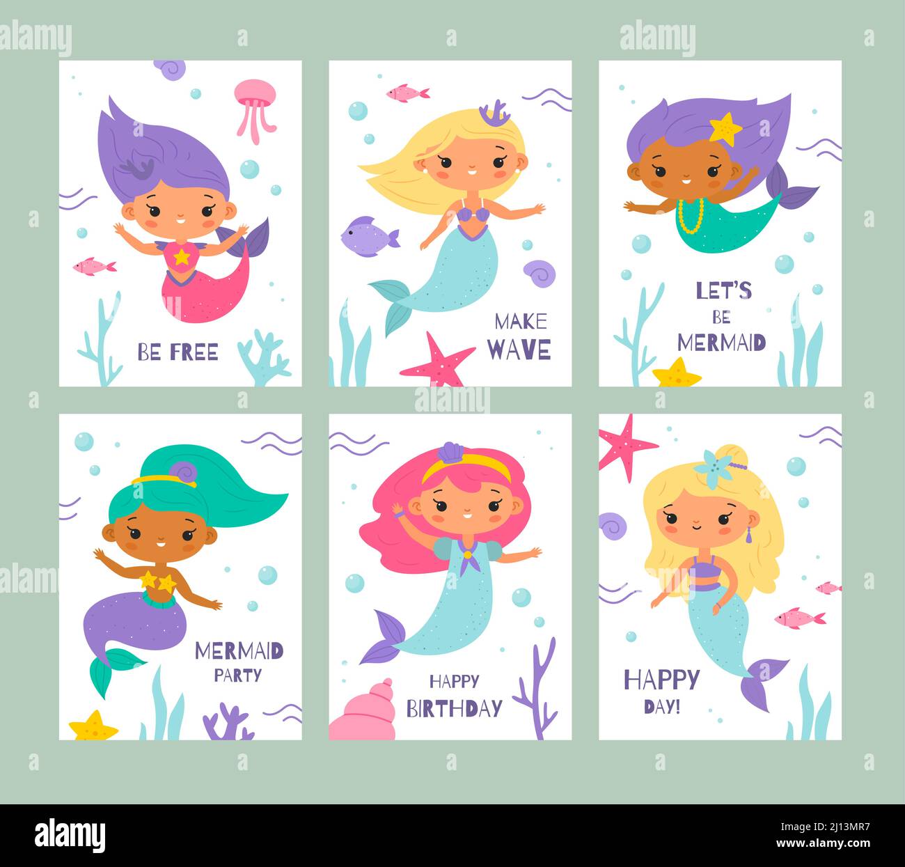 Cute mermaids cards. Girly birthday posters, funny little underwater