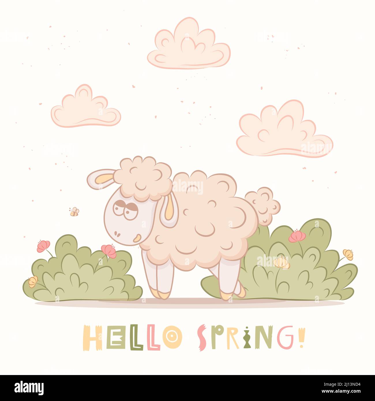 Hello spring banner. Trendy texture. Season vocation, weekend, holiday logo. Spring Time Wallpaper. Happy spring Day. Cute sheep vector illustration. Stock Vector