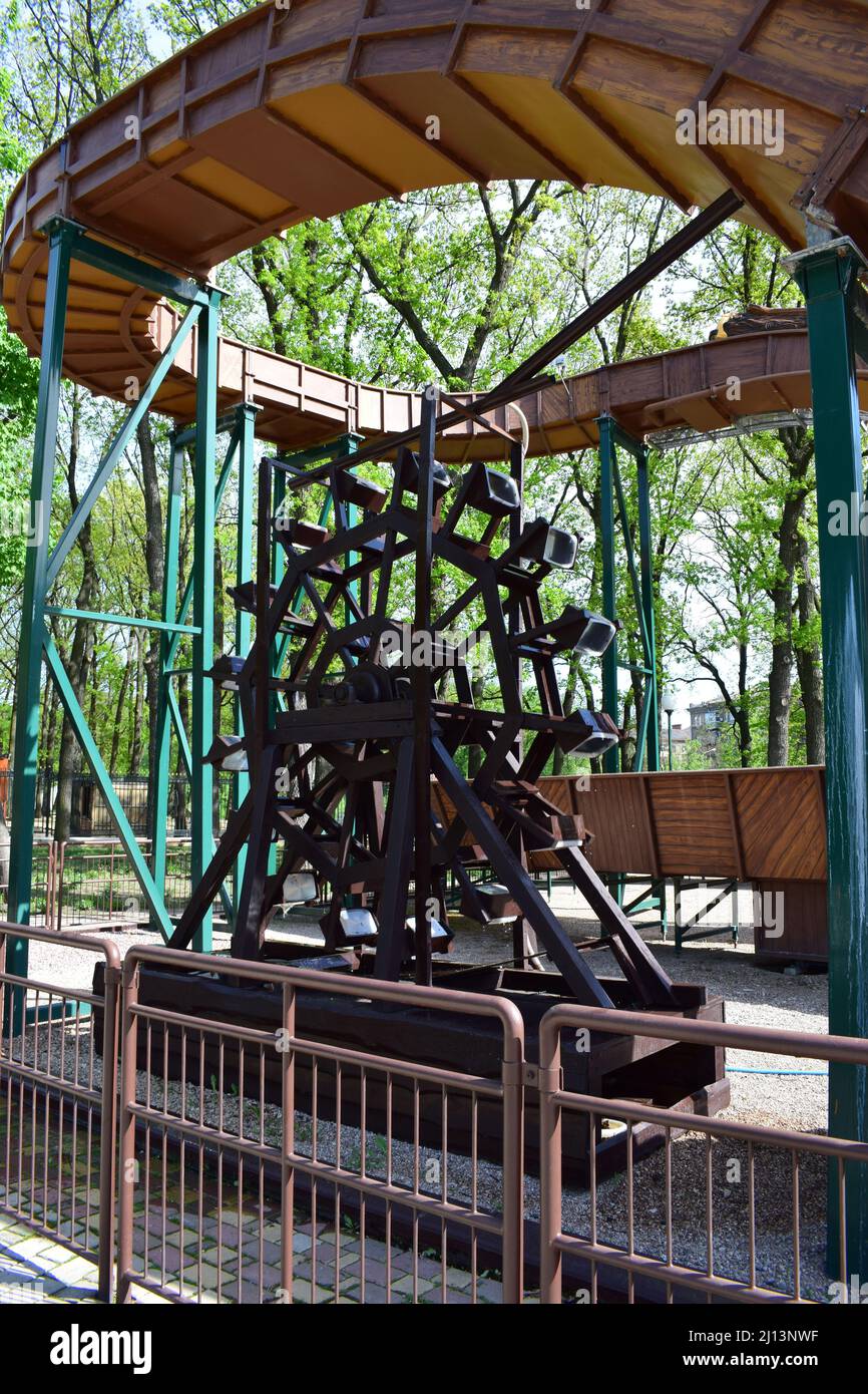 Kharkov, Ukraine, May 2021. Water wheel attraction, engineering design