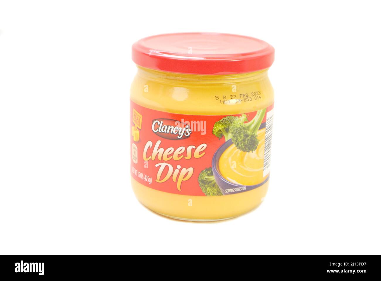 Jar of Clancy's Brand Cheese Dip Isolated on White Background with Copy