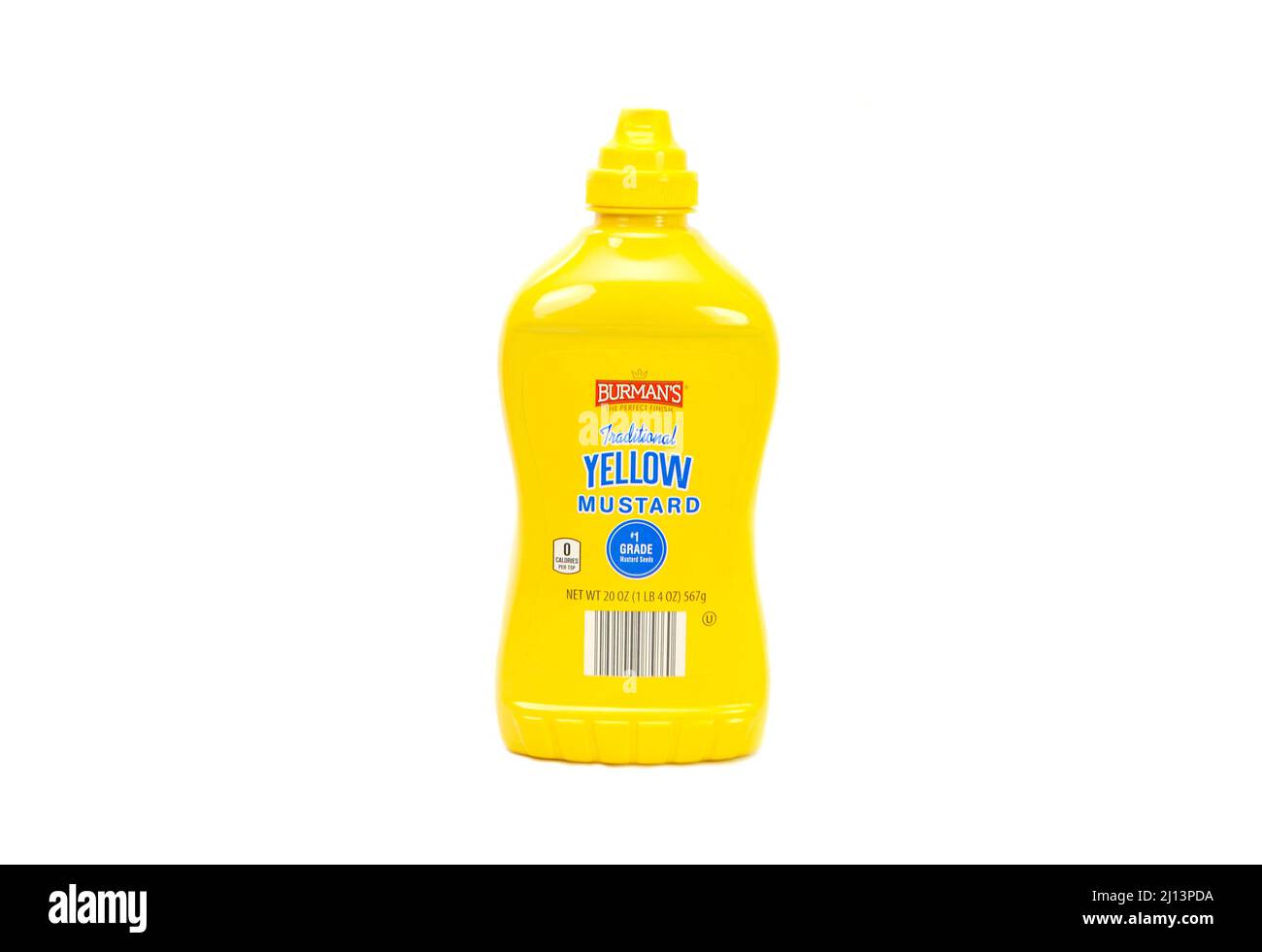 Container of burmans brand traditional yellow mustard isolated on white