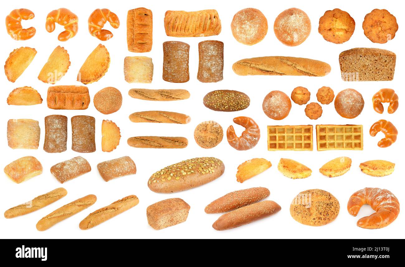 Large set healthy fresh bread products isolated on white background. Stock Photo