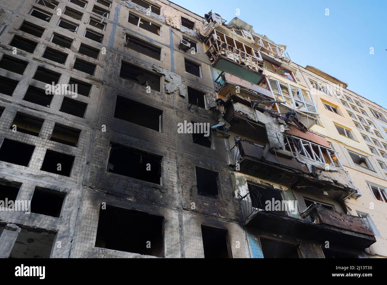 Rocket bomb attack Russia against Ukraine war destruction building ruins city destroyed Mariupol damaged Kyiv ruined. 2022 Russian invasion of Ukraine Stock Photo