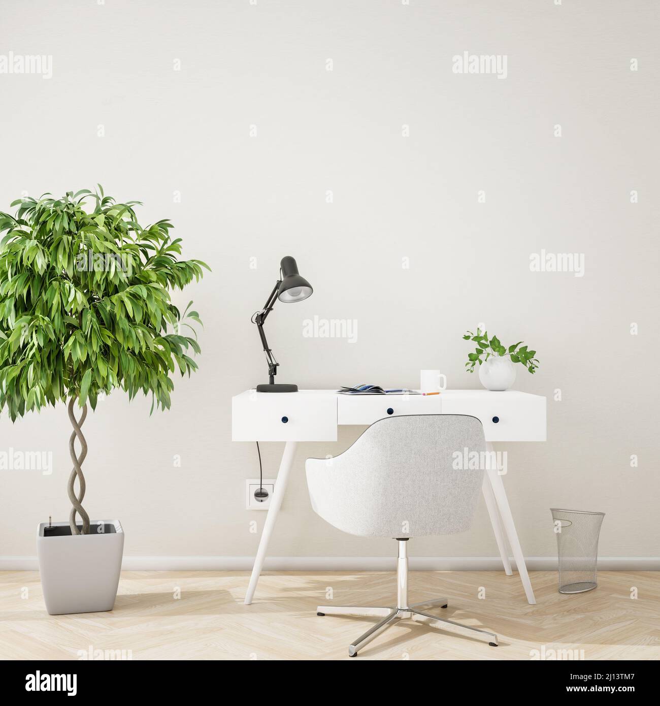 Mockup of a home office area with a beige structured wall, a writing desk, chair, wastebacket, desk lamp, coffee mug and a fig tree. Stock Photo