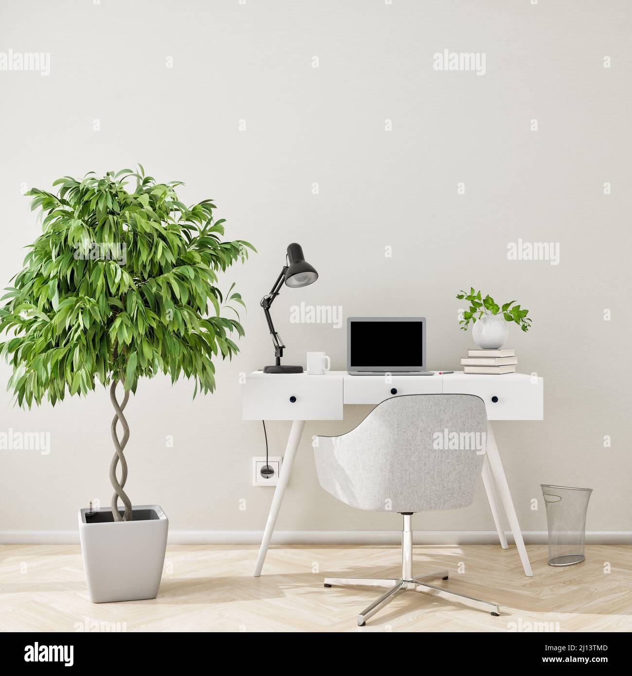 Mockup of a home office area with a beige structured wall, a writing desk, notebook, chair, wastebacket, desk lamp, books, coffee mug and a fig tree. Stock Photo