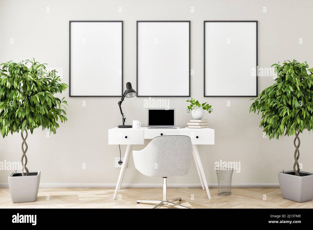 Three blank picture frame mockups on a beige structured wall with a writing desk, chair, notebook, books, desk lamp and two fig trees . Stock Photo