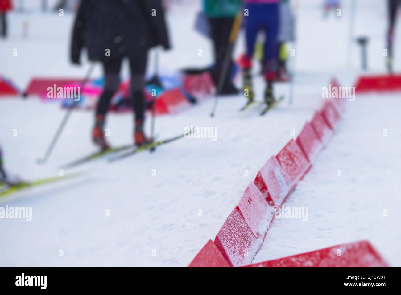 Alpine skiing race slalom competition, athletes ready to start ski