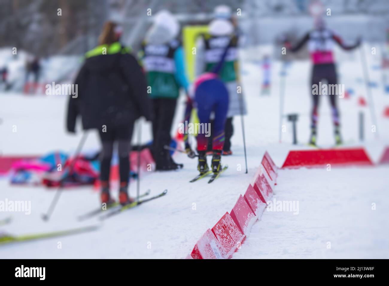 Alpine skiing race slalom competition, athletes ready to start ski