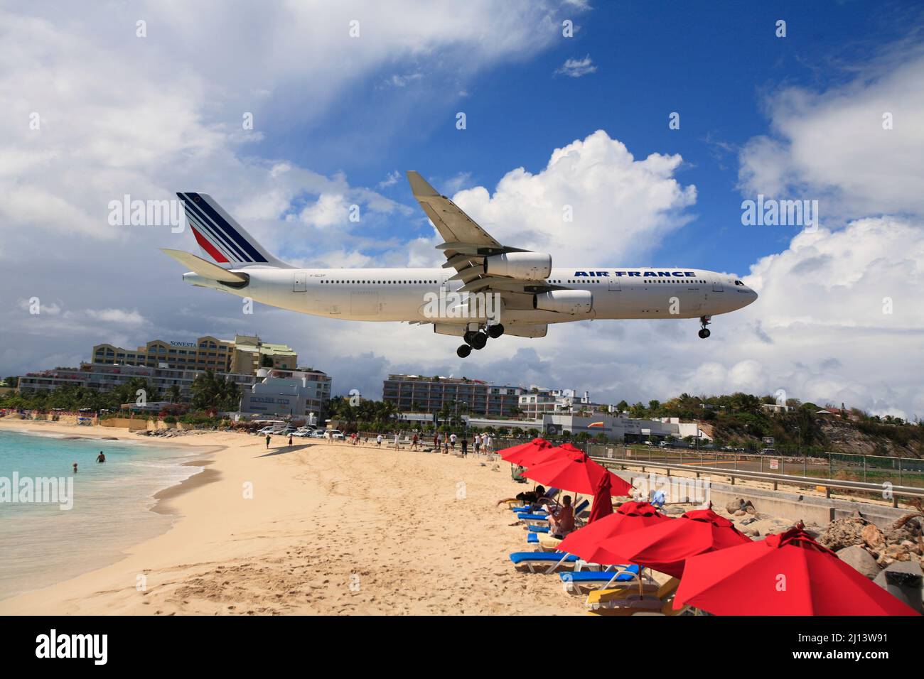 Airplane landing in St Martin Caribbean  island Stock Photo