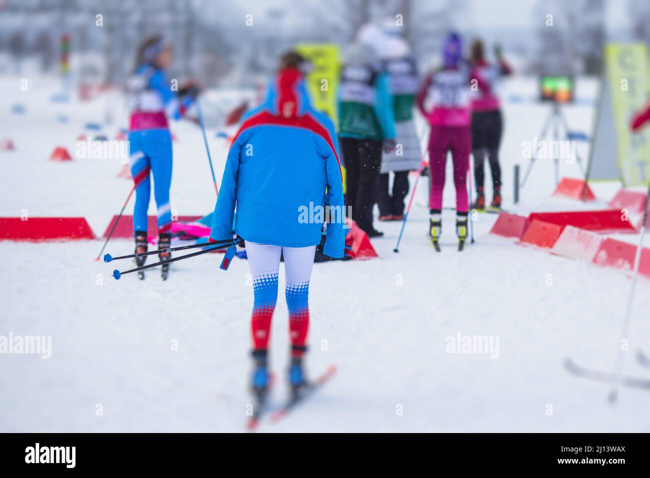 Alpine skiing race slalom competition, athletes ready to start ski
