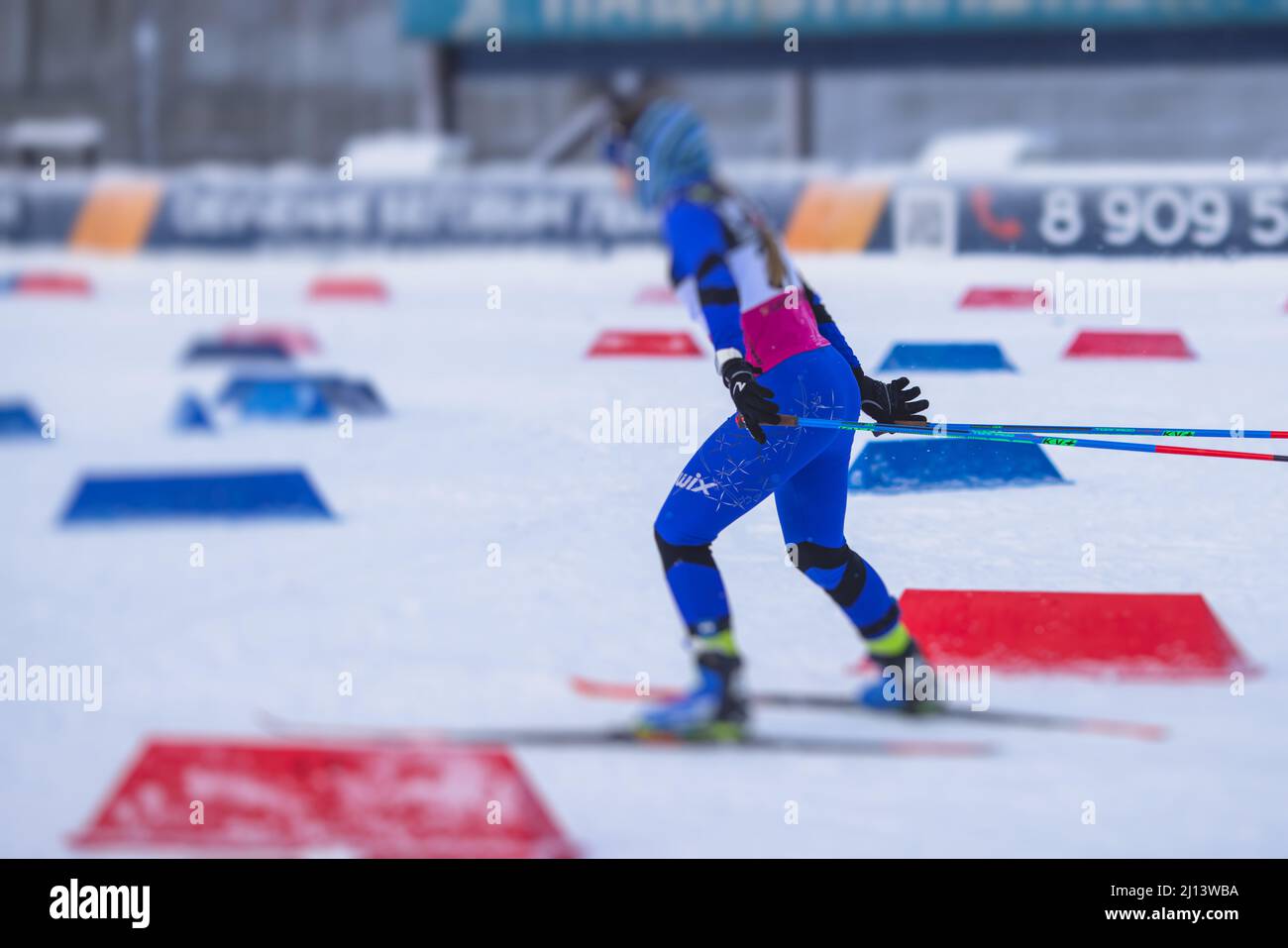Alpine skiing race slalom competition, athletes ready to start ski