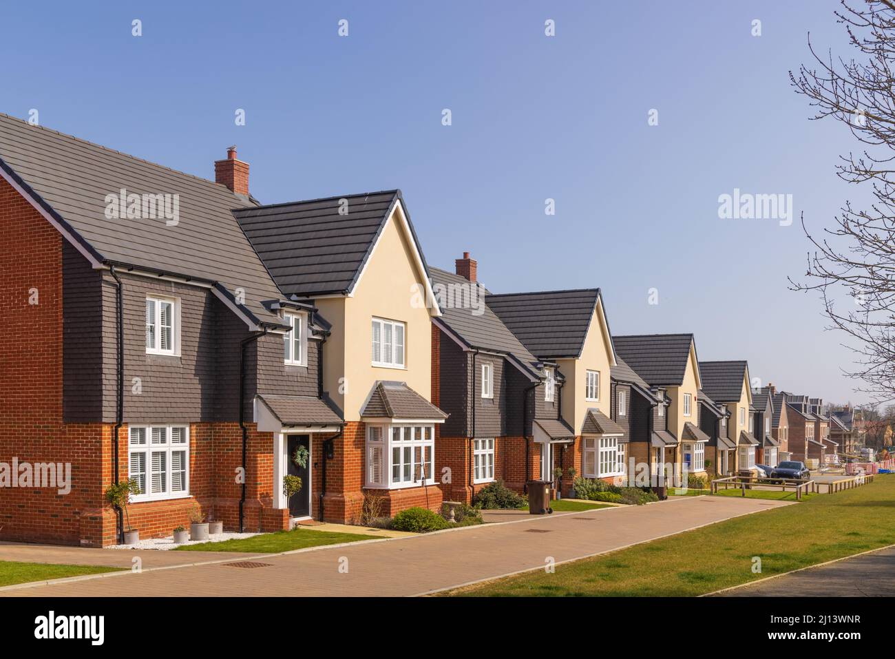 Row of detached new build homes in the Stortford Fields housing