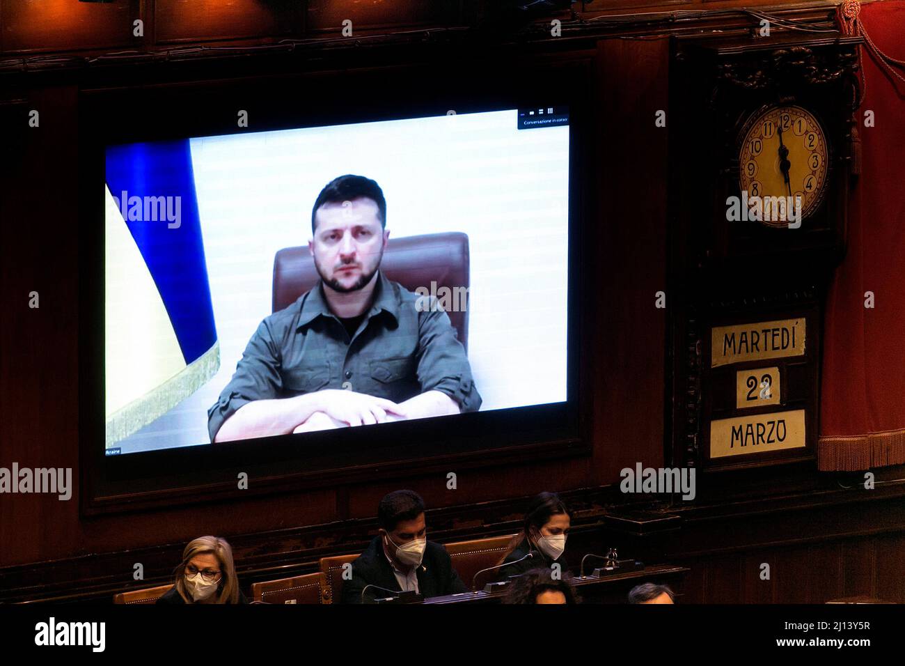 Rome, Italy. 22nd Mar, 2022. The President of the Republic of Ukraine Volodymyr Zelensky in video, during his speech at the Italian Parliament. Rome (Italy), March 22nd 2022Photo Samantha Zucchi Insidefoto Credit: insidefoto srl/Alamy Live News Stock Photo