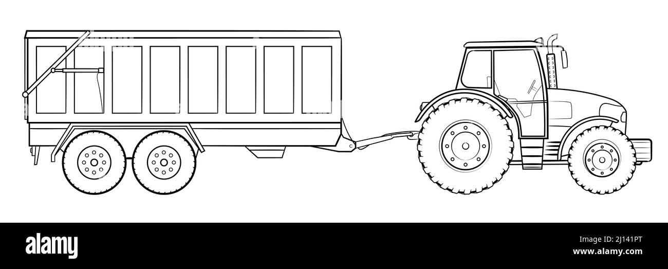 Farm tractor with trailer - stock outline illustration of a vehicle. Stock Vector