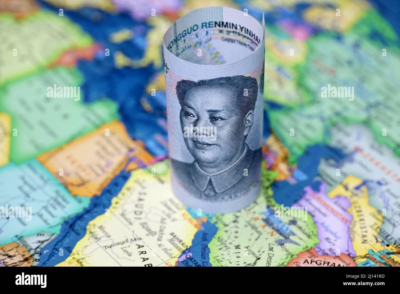 Chinese yuan on the map of Saudi Arabia and Iran. Concept of buying oil, economic cooperation between the Beijing and Persian Gulf countries Stock Photo