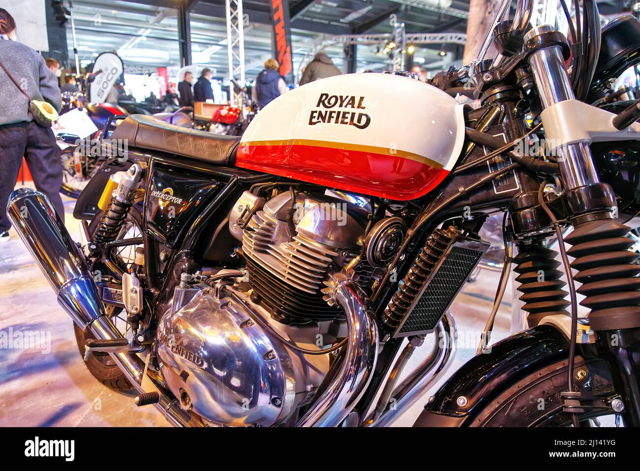 Roayal Enfield motorcycle from India, sturdy powerful classic motorcycle for travel and everyday use in Braunschweig, Germany, March 20, 2022 Stock Photo