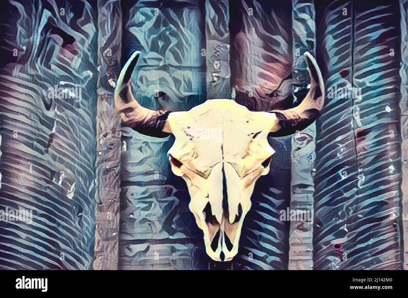 Painted photo, Bison skull with horn displayed on a weathered wood barn