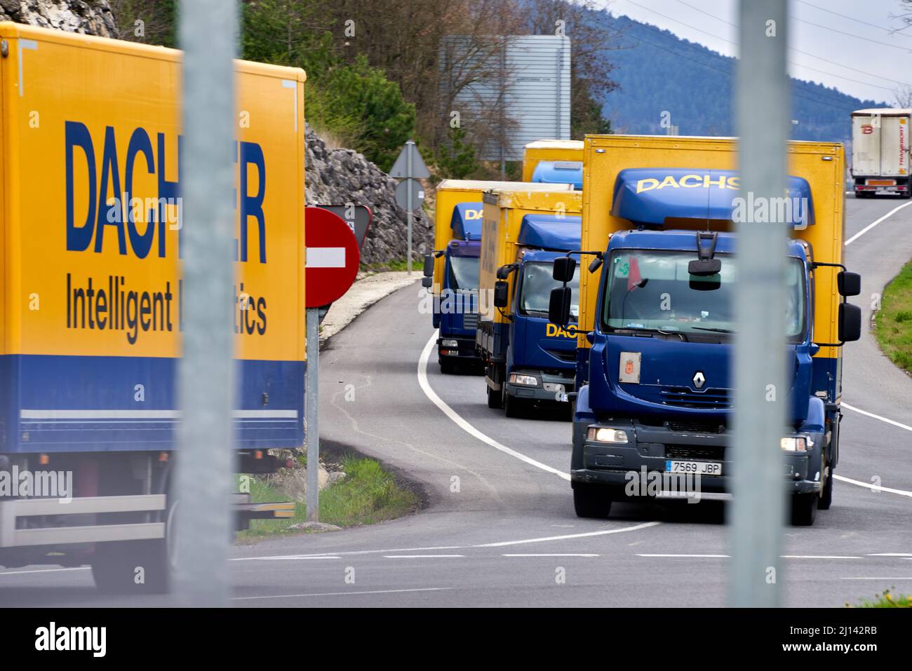 Pamplona, Sapin 22 march, truck strike blocking traffic in protest of high fuel prices Stock Photo