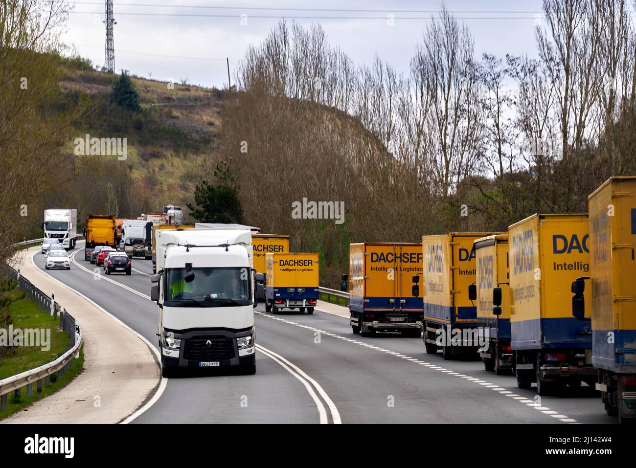 Pamplona, Sapin 22 march, truck strike blocking traffic in protest of high fuel prices Stock Photo