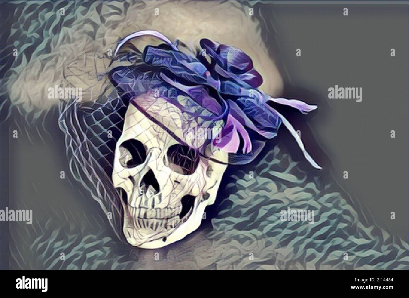 Model human skull with vintage hat and veil edited to look like a painting. Stock Photo