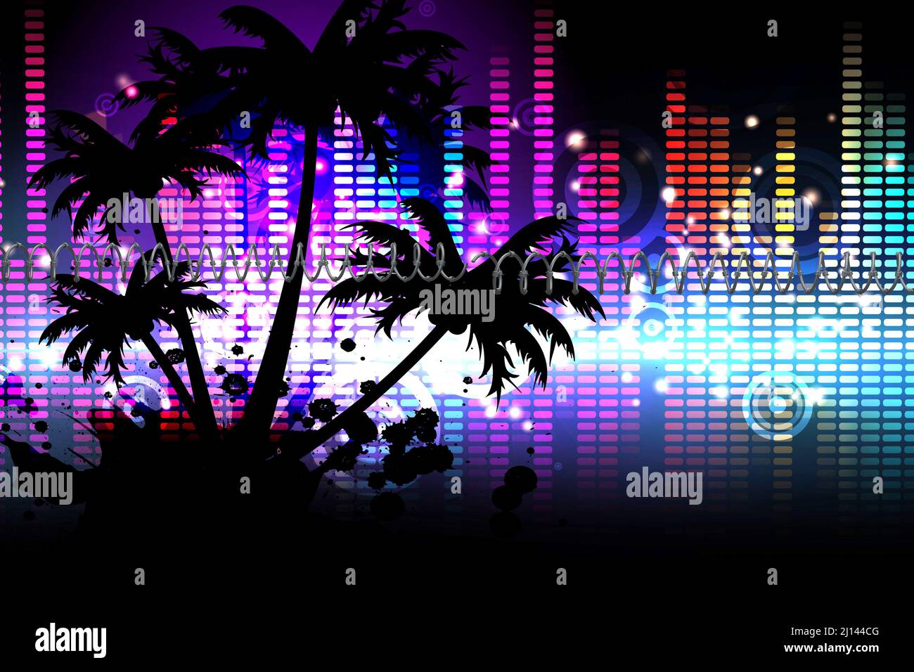 Barbed wire over silhouette of palm trees and music equalizer against black background Stock Photo