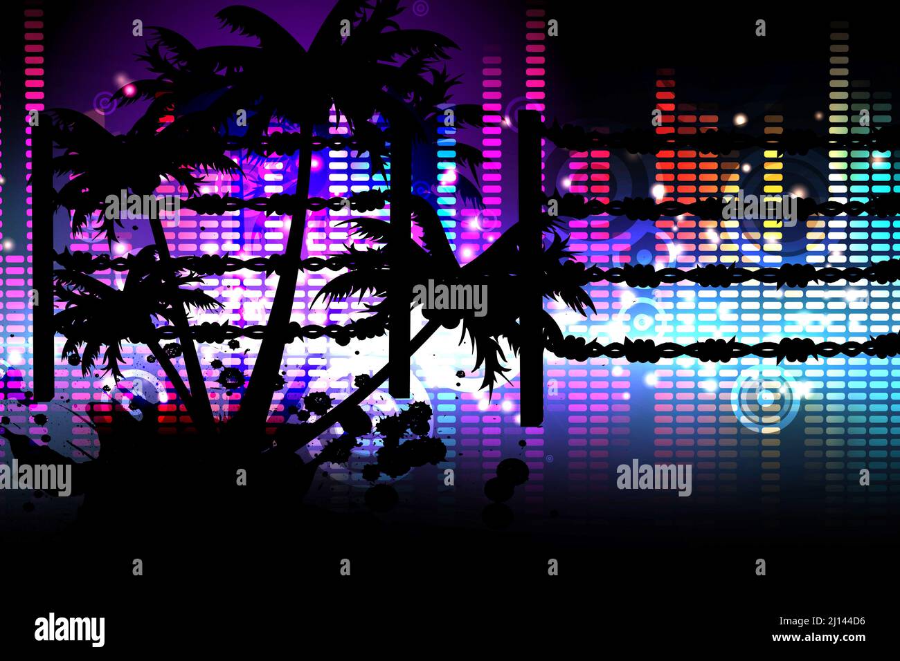 Barbed wire over silhouette of palm trees, music equalizer against black background Stock Photo