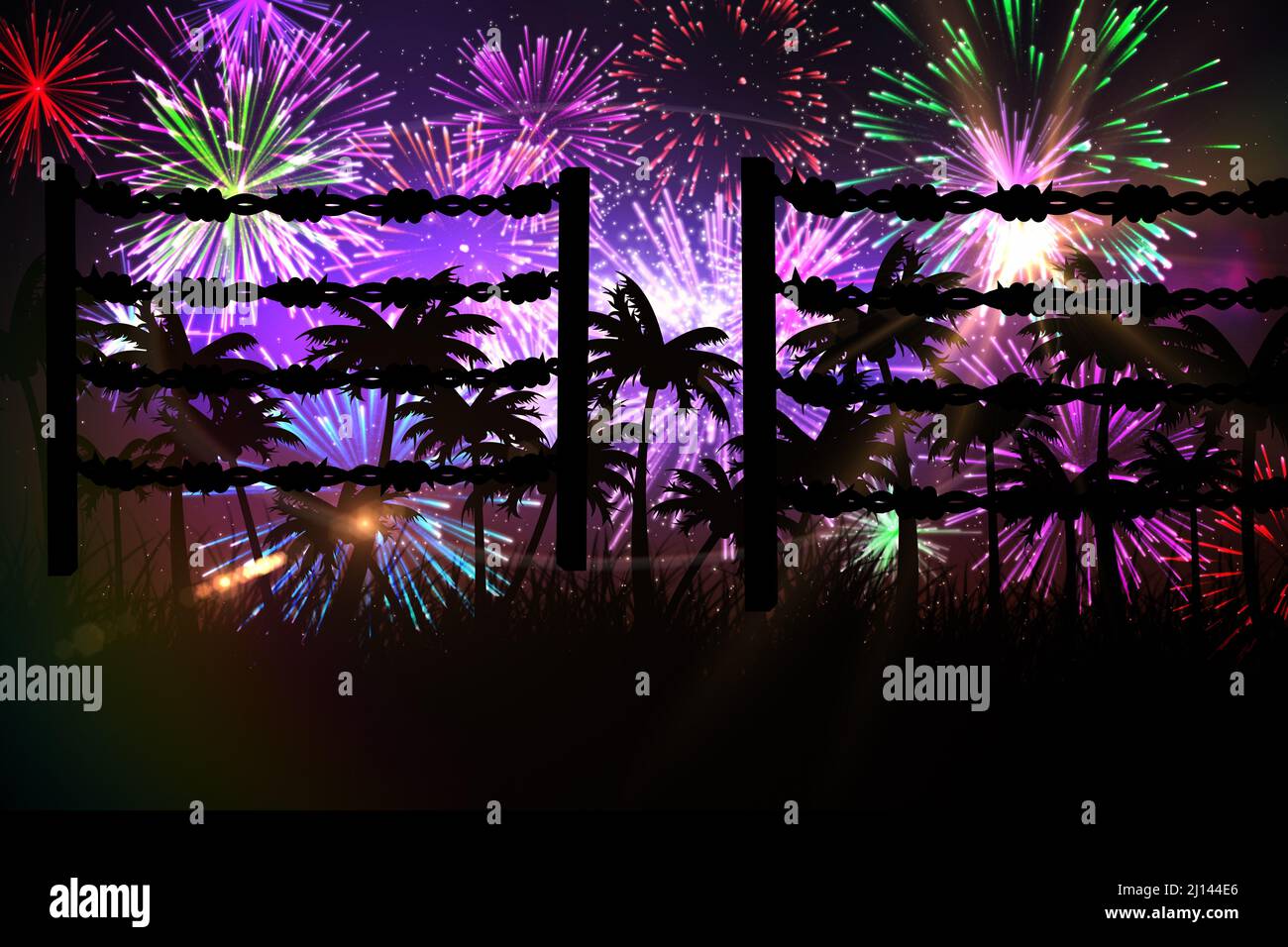 Barbed wire over silhouette of palm trees against fireworks exploding against black background Stock Photo