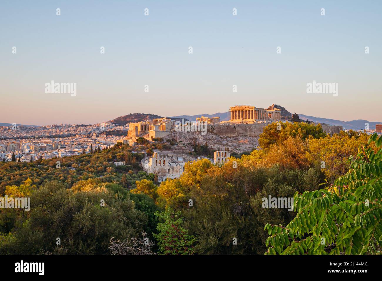 View of Acropolis at sunrise from Plaka rooftop, Athens, Greece Stock