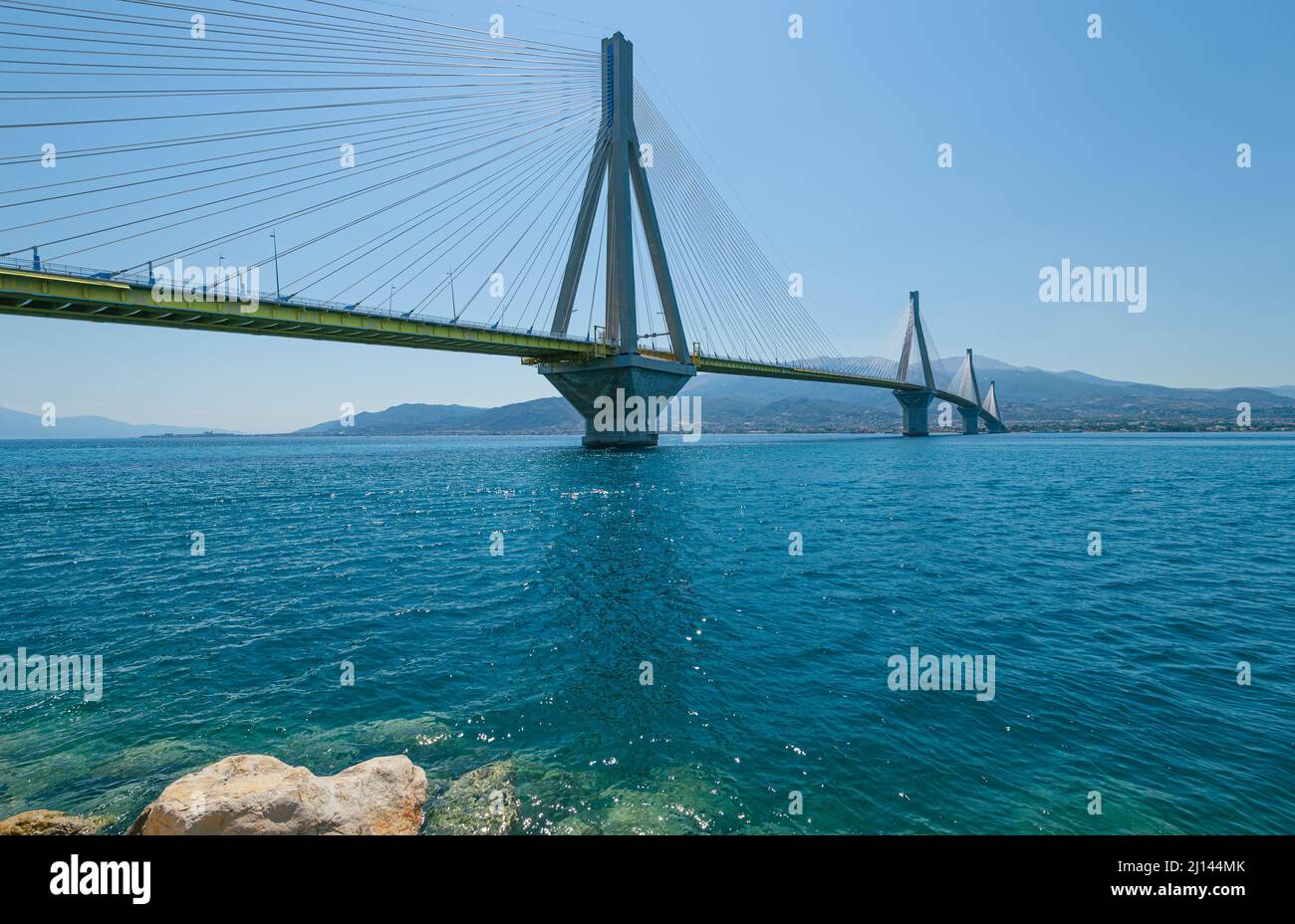 Panoramic view of suspension bridge Rio - Antirio near Patra, Greece Stock Photo