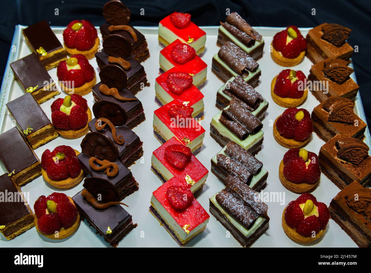French pastries.Chocolate cakes macaron and others on display a