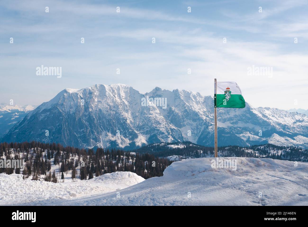 Grimming in the Ennstal in Styria, Austria. Wonderful winter landscape in the European Alps. Stock Photo