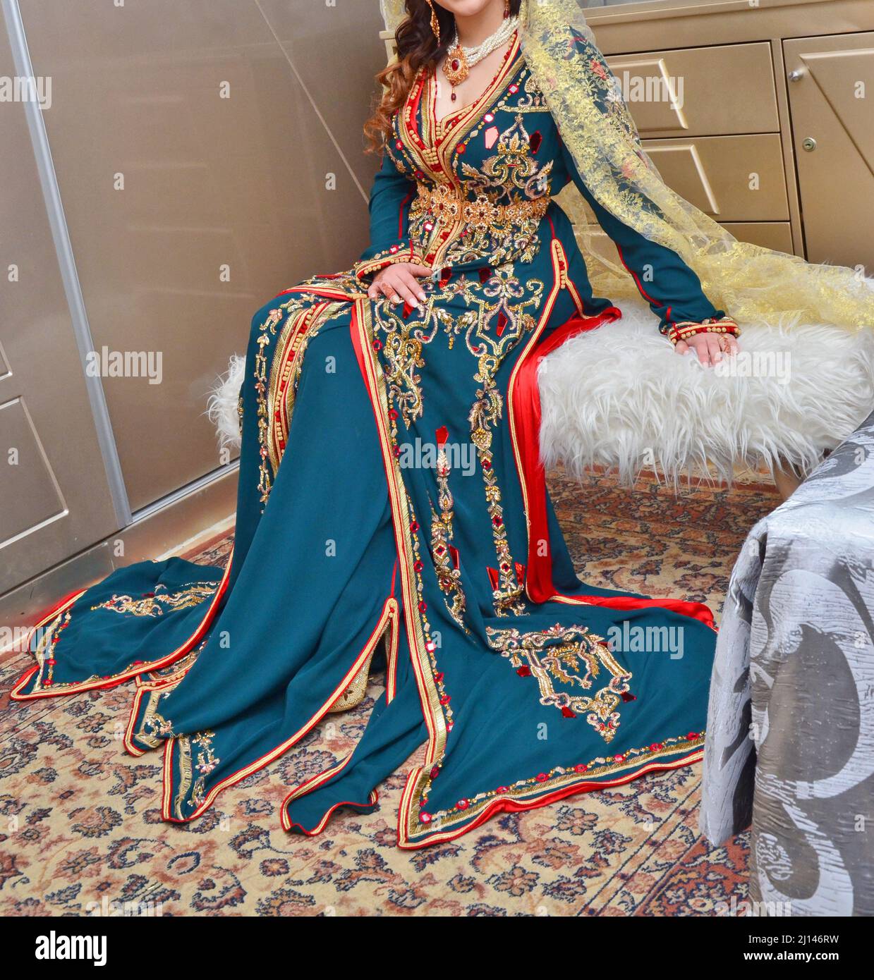 Moroccan traditional dress embroidery on the caftan. Festive