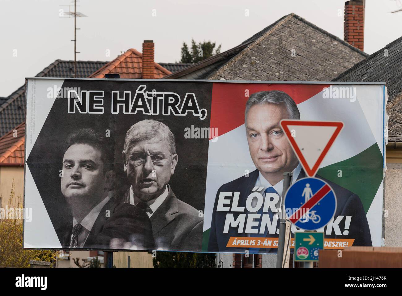 Election billboard for Fidesz party placed on the street of Mosonmagyarovar. On the billboard (from left to right) the leader of opposition Peter Marki-Zay, former prime minister Ferenc Gyurcsany, and Hungarian prime minister and leader of Fidesz Viktor Orban. Mosonmagyarovar is the town in northwest Hungary located approx. 160 kilometers from Hungarian capital Budapest. Peter Marki-Zay will challenge prime minister Viktor Orban in the upcoming parliamentary elections, which will be held on the 3rd of April 2022. Stock Photo