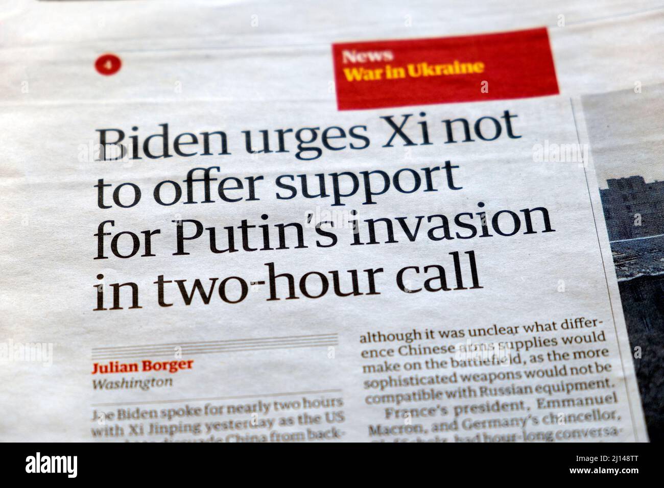 US President Joe 'Biden urges Xi not to offer support for Putin's invasion in two-hour call' Guardian newspaper headline Ukraine war 19 March 2022 UK Stock Photo