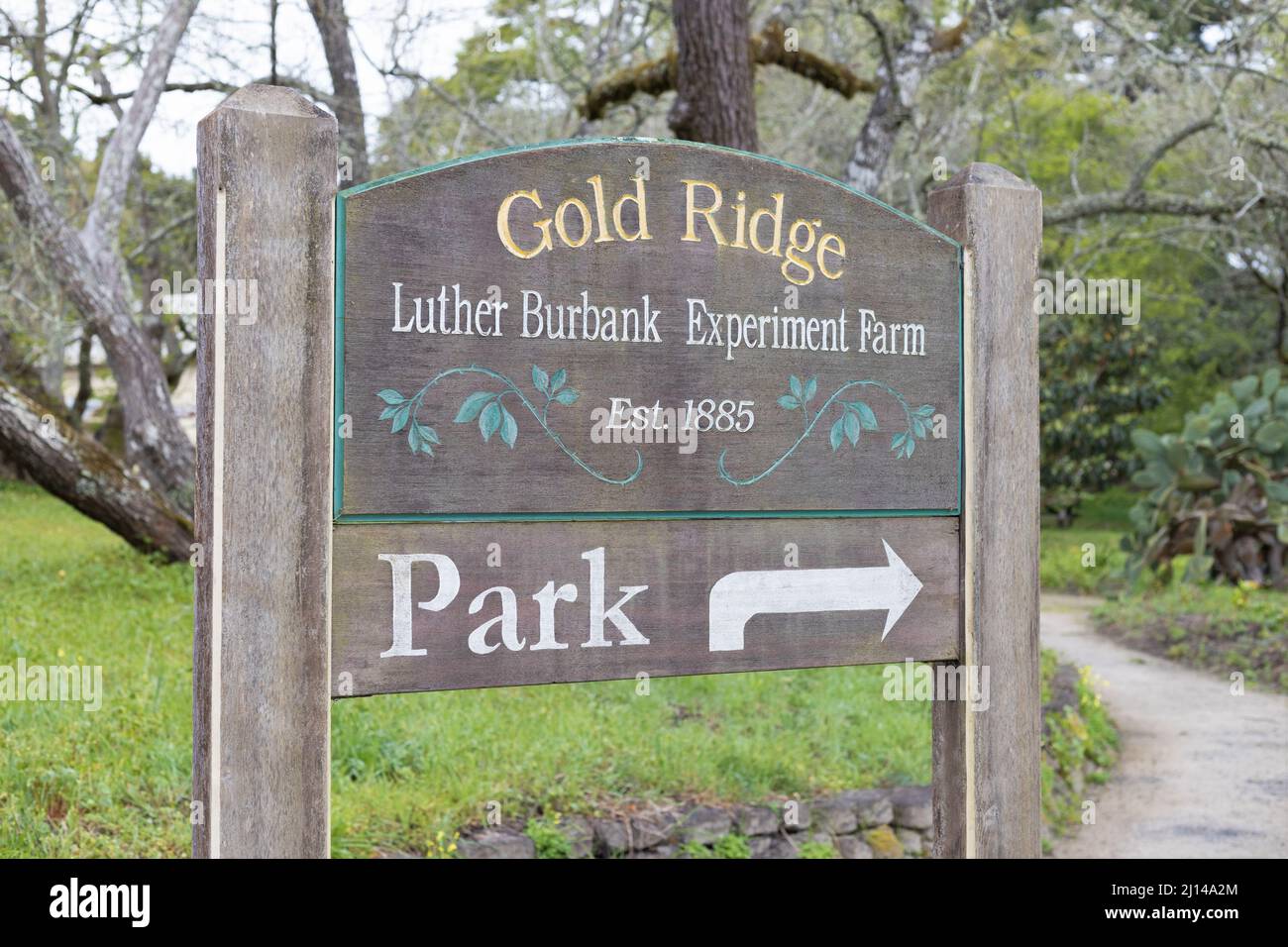A sign at the entrance to Gold Ridge Luther Burbank Experiment Farm in Sebastopol, California, USA. Stock Photo
