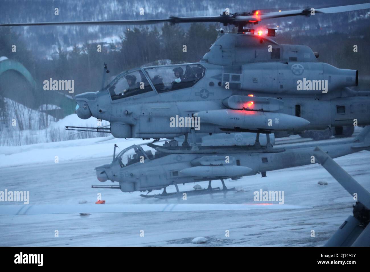 Setermoen, Norway. 17 March, 2022. U.S. Marine Corps Capt. Jospeh Rule and Maj. Brain Blanco, with the 2nd Marine Aircraft Wing, pilot their AH-1Z Viper attack helicopters during Exercise Cold Response 22, March 17, 2022 in Setermoen, Norway. The biennial Norwegian national readiness and defense exercise is seen as a counter to Russian aggression in the region.  Credit: Sgt. Jonathon Wiederhold/U.S. Marine Corps/Alamy Live News Stock Photo