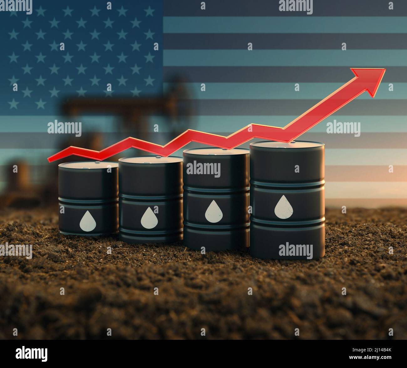 Four oil barrels with a red up arrow and oil pump with American flag. Rising oil prices Stock