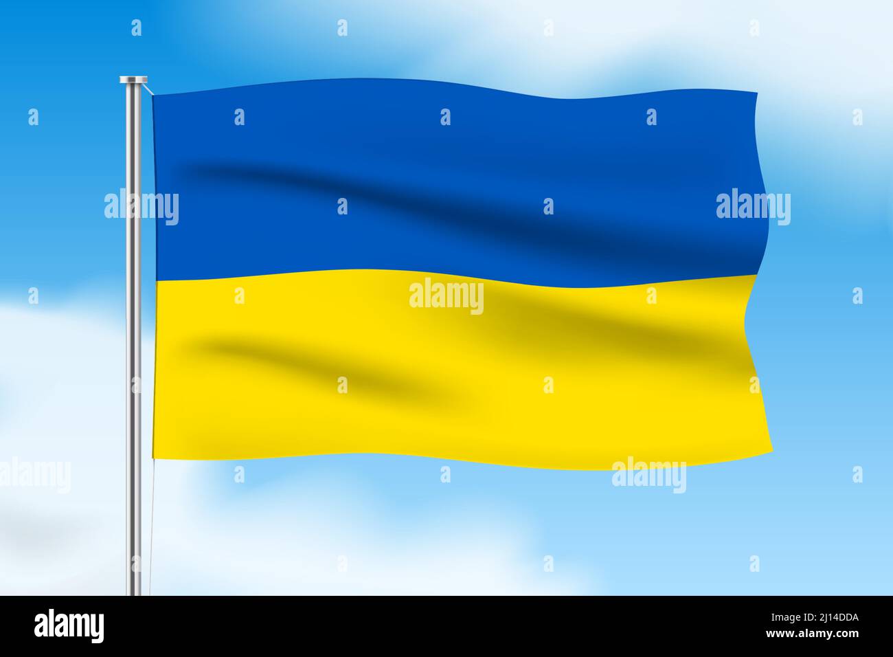 Ukraine flag waving on blue sky background with white clouds. Wavy Ukraine flag vector banner. Stock Vector