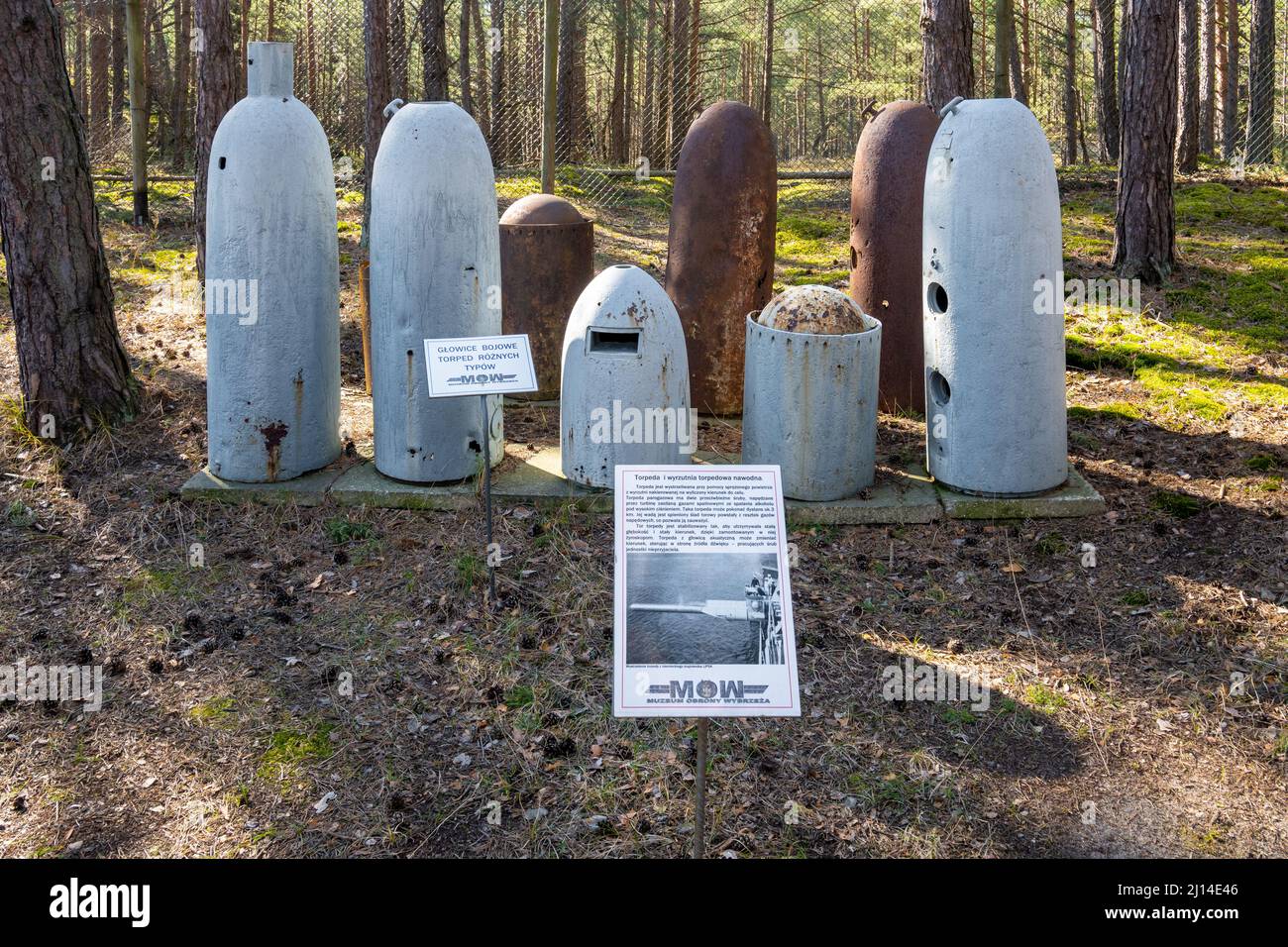 Hel, Poland - March 20, 2022: Torpedo warheads in military open-air museum. The Coastal Defense Museum in Hel Stock Photo