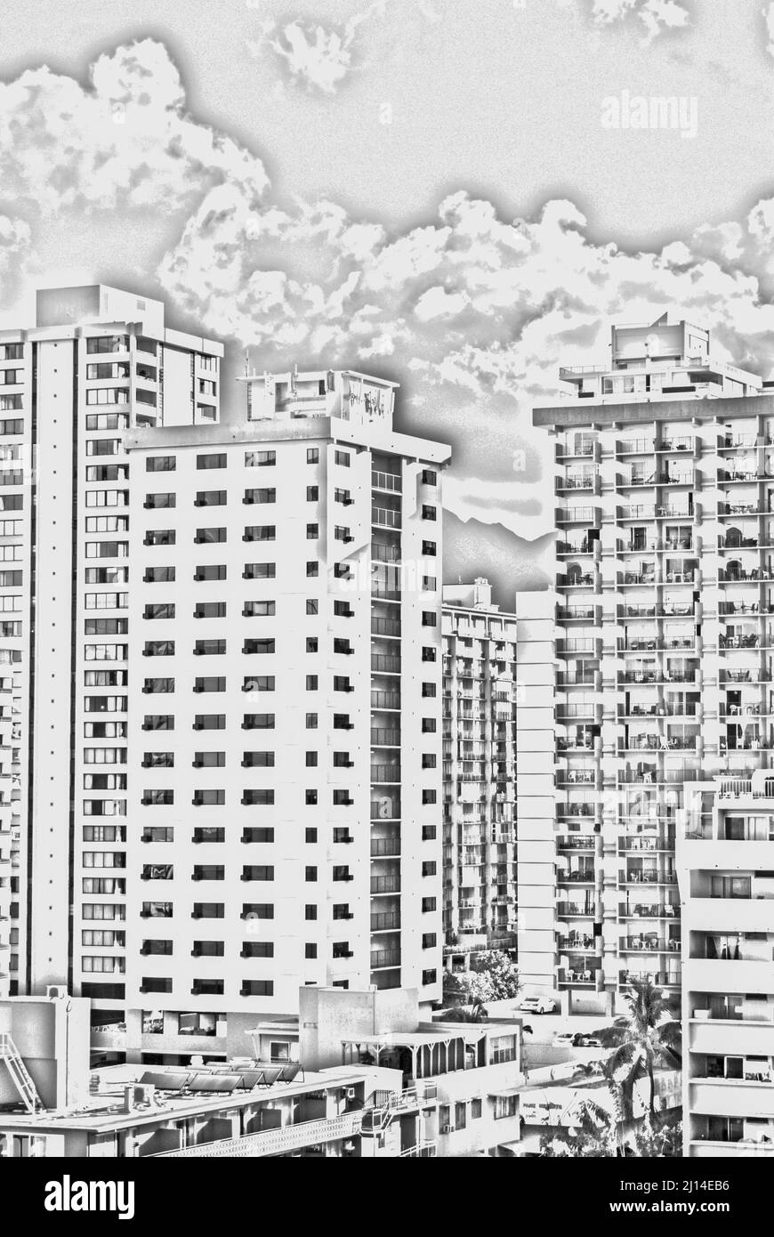 Honolulu, Hawaii - May 02, 2015: Pencil drawing of skyscrapers in downtown Honolulu Stock Photo