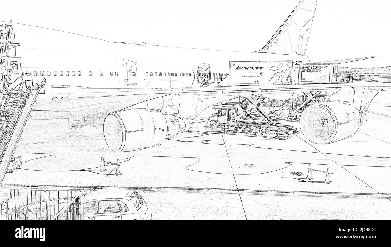 Atlanta, Georgia, USA. - May 1, 2015: Pencil drawing of an aircraft at and Airport Terminal Stock Photo