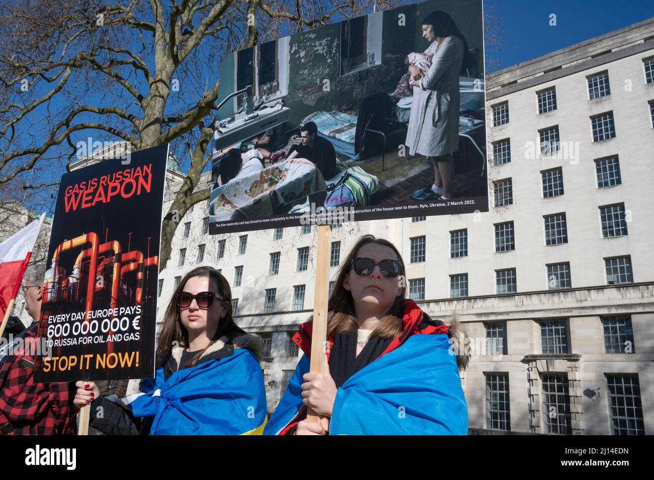 On March 19th 2022, day 24 of the war in Ukraine, protesters demonstrate opposite Downing Street, London,  to oppose Putin's war on Ukraine Stock Photo