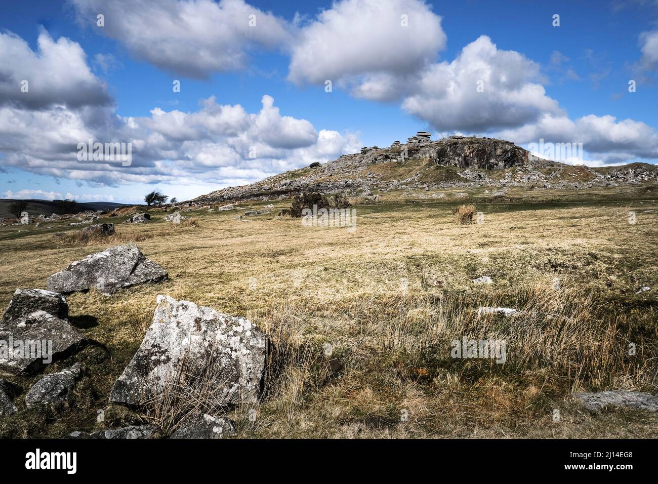 The Cheesewring a rock stack left by glacial action on the rugged Stowes Hill on Bodmin Moor in Cornwall. Stock Photo