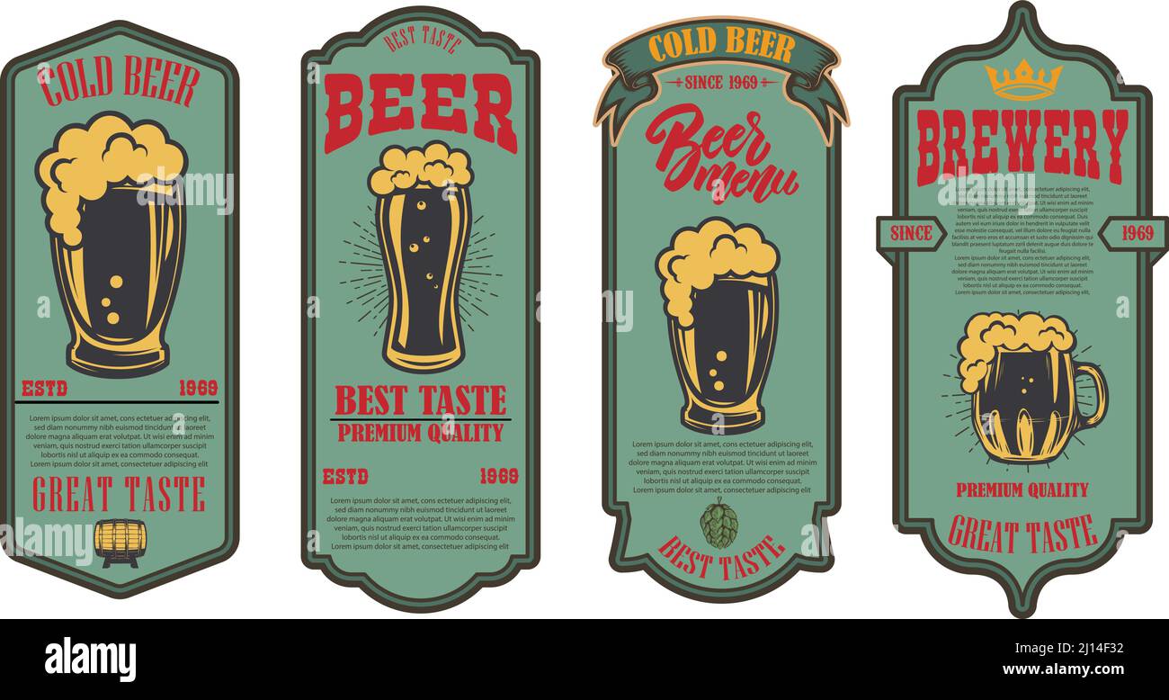 Set of beer labels with illustrations of beer mug. Vector illustration