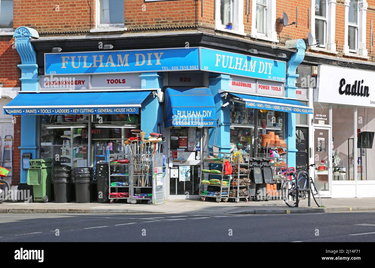 Shops on Fulham Road, London, UK. A fashionable district of West London. Stock Photo