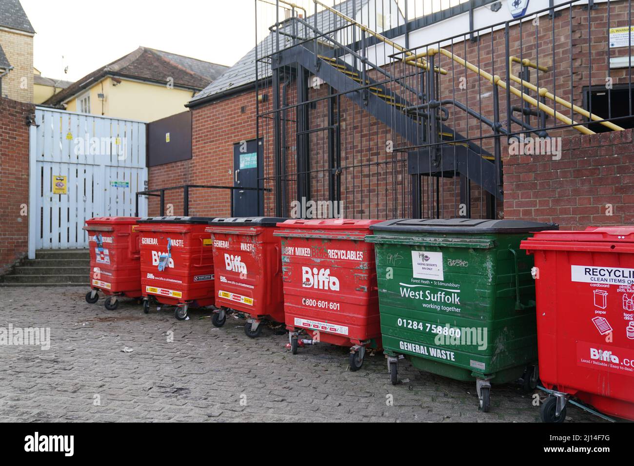 The bins in a service area behind a Greggs shop in Bury St Edmunds