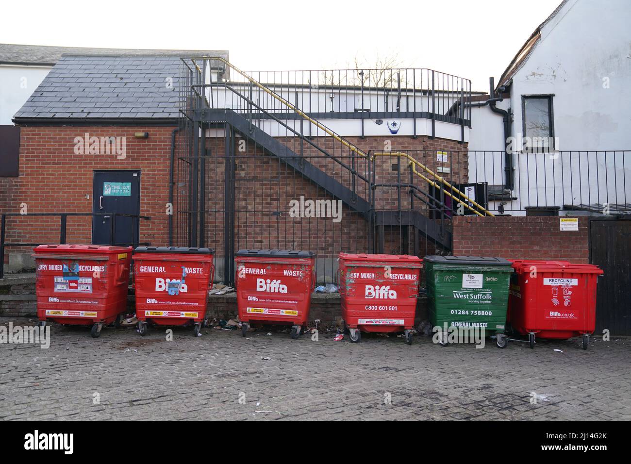 The bins in a service area behind a Greggs shop in Bury St Edmunds