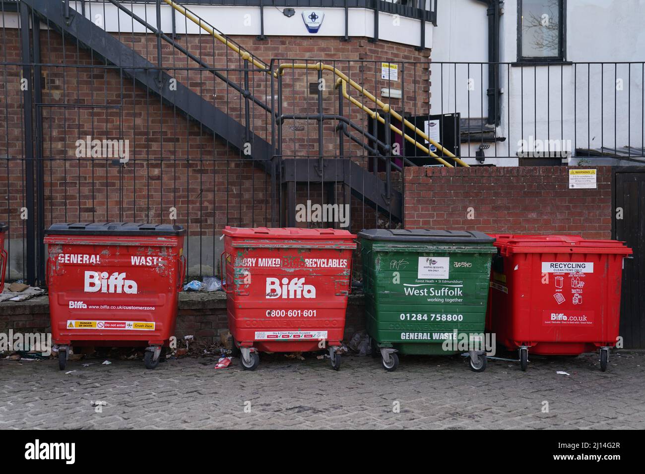 The bins in a service area behind a Greggs shop in Bury St Edmunds