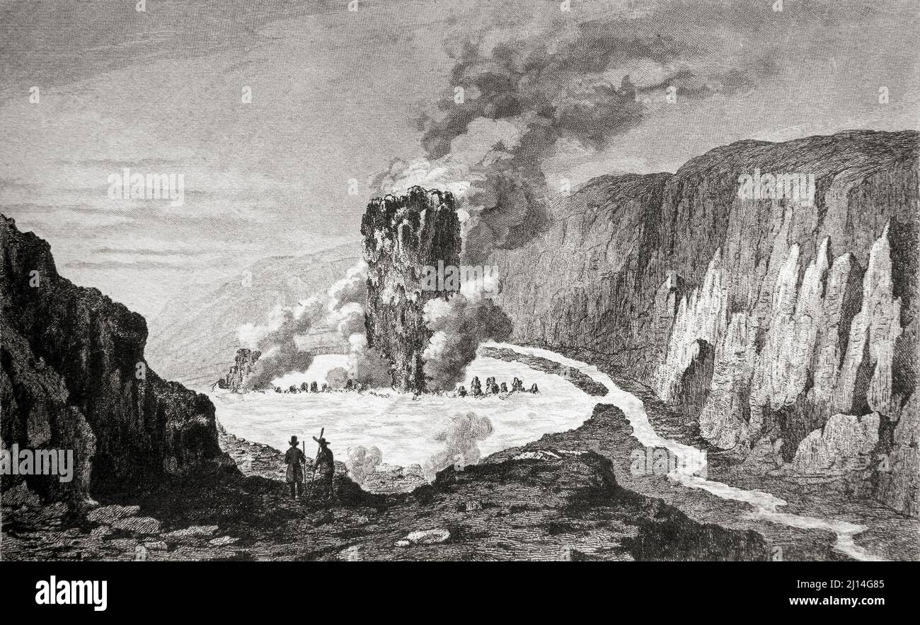Crater of the Krabla volcano, Iceland.19th century steel engraving by Gaucherel and Lemaitre direxit. Stock Photo